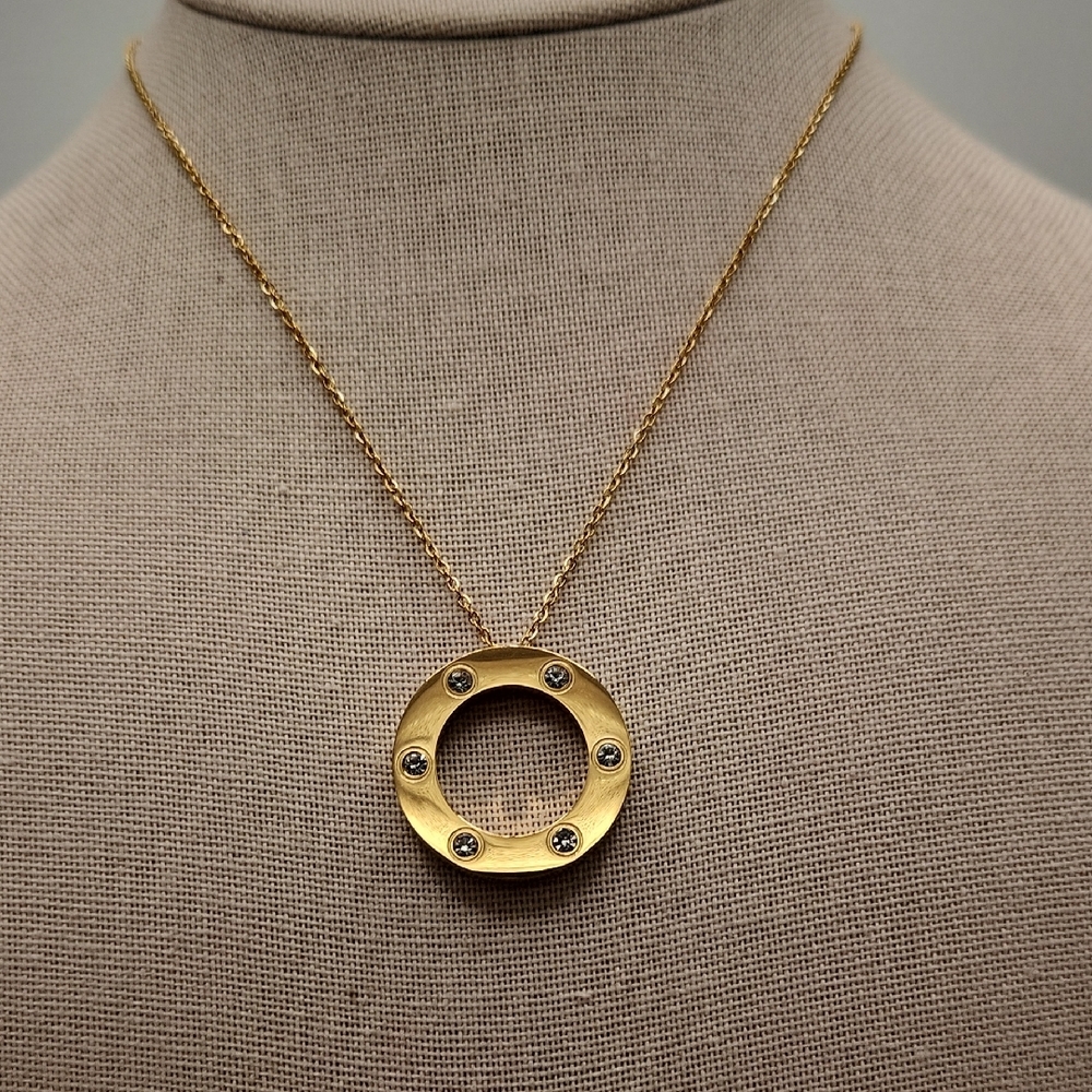 18k Gold Plated Stainless Steel Necklace, Round Pendant Simulated Diamonds
